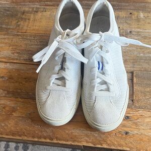 Rothy's White Knit Lace-Up Sneakers with Blue Accent